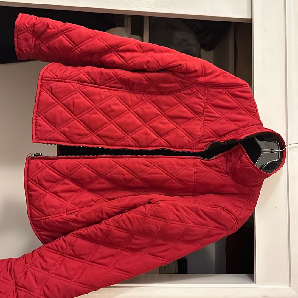 Reversible coat. Red quilting on one side, soft charcoal/black fleece on inside.